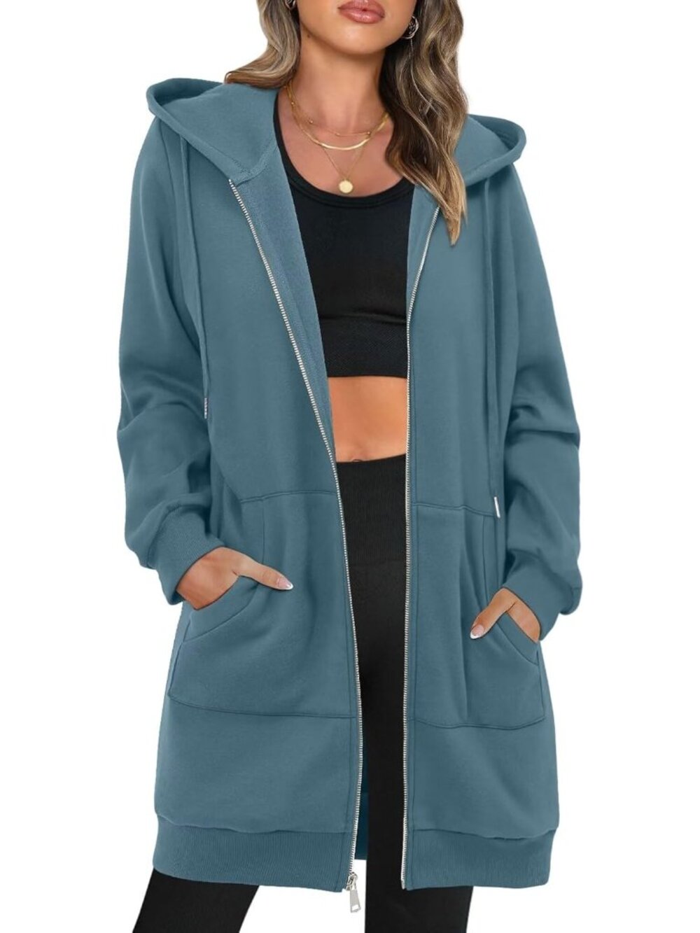 Women Turquoise Blue Oversized Shirt Casual Hooded Neck Long Sleeve Fall Jacket